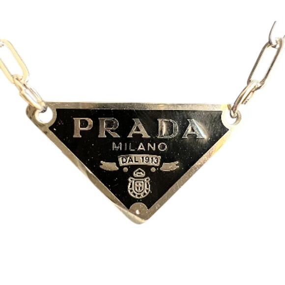 Prada Milano Silver Logo Emblem Patch Pendant with Paperclip Necklace (PRXX029) - Picture 3 of 4